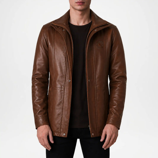 Brown leather jacket worn by a person on a white background