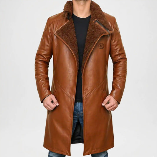 mens brown shearling leather trench coat