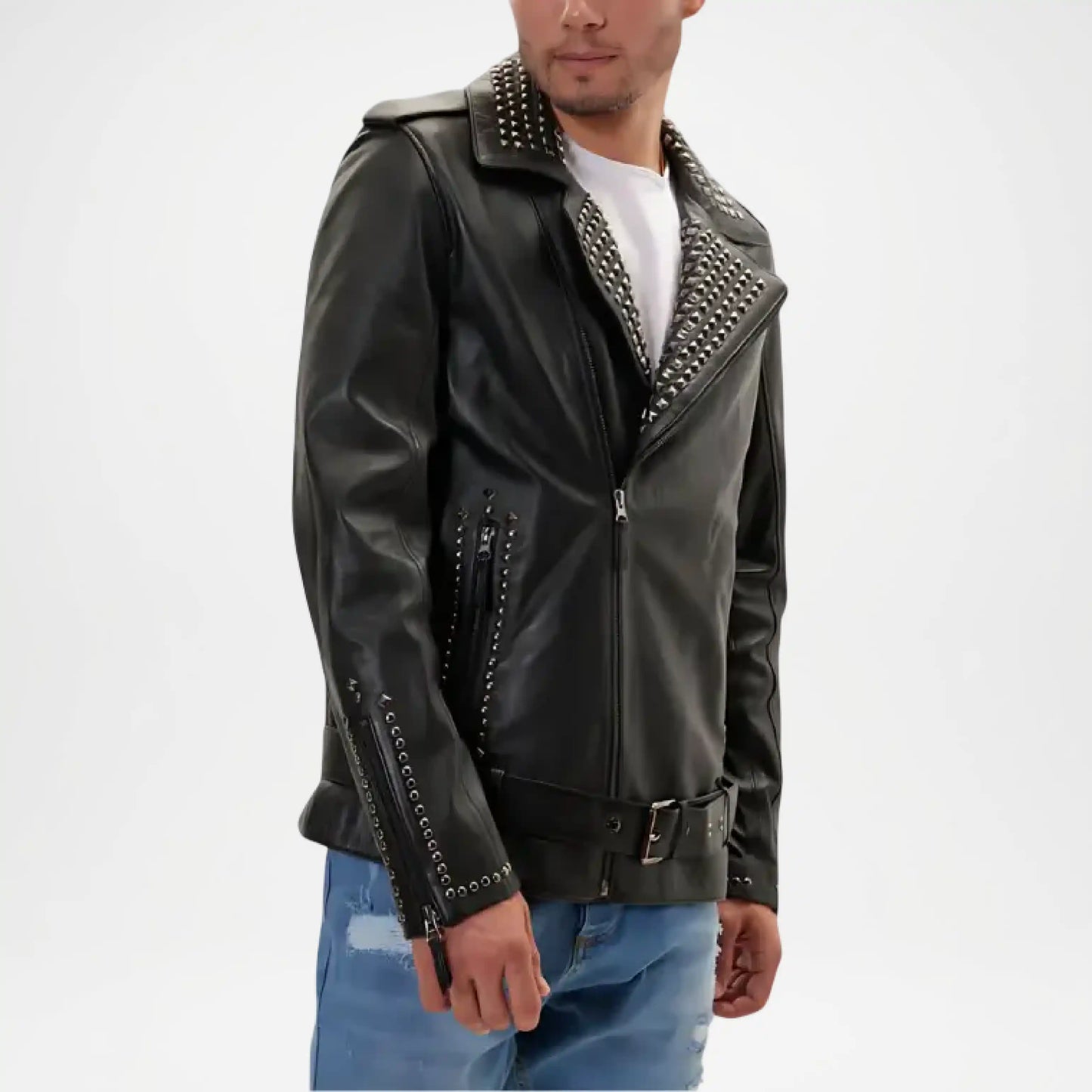 black leather moto jacket with belt
