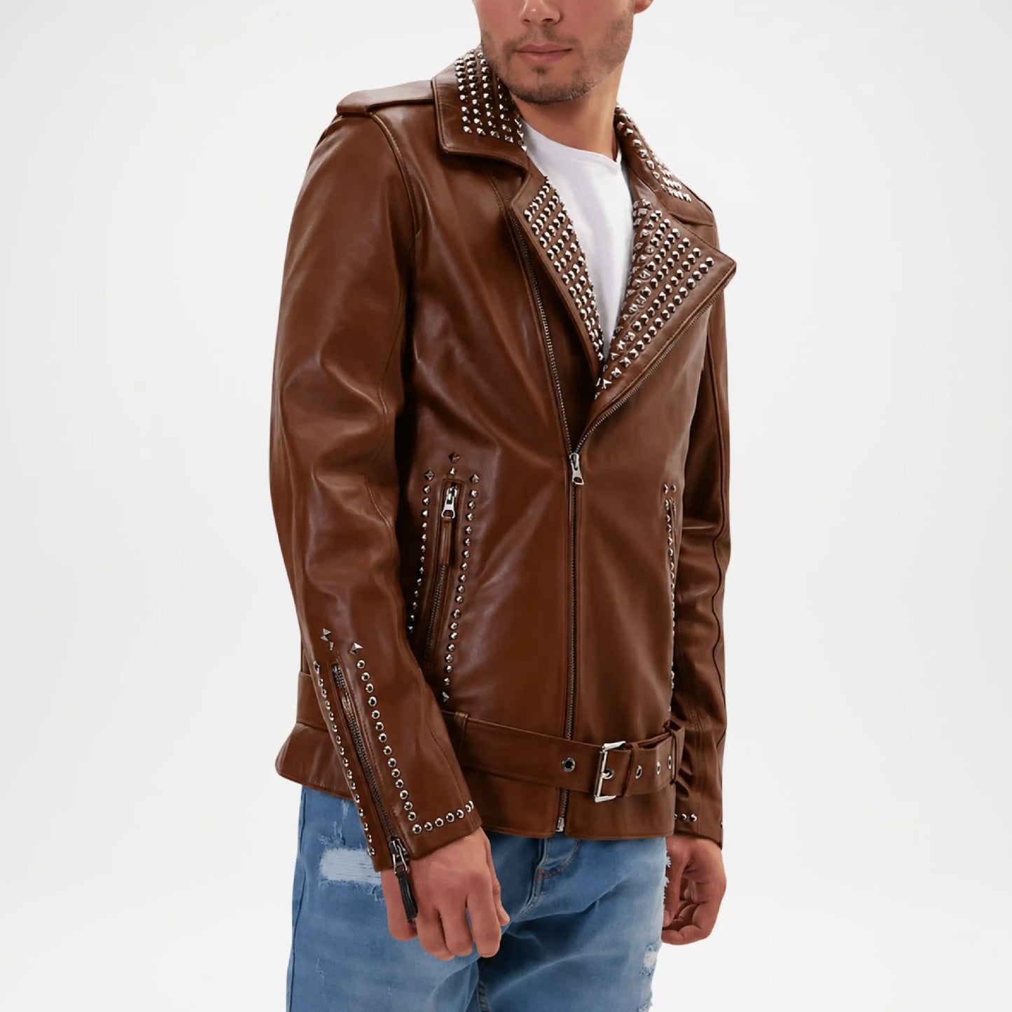 Brown leather jacket with studs on a white background