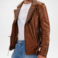 Brown leather jacket with studded details on a white background