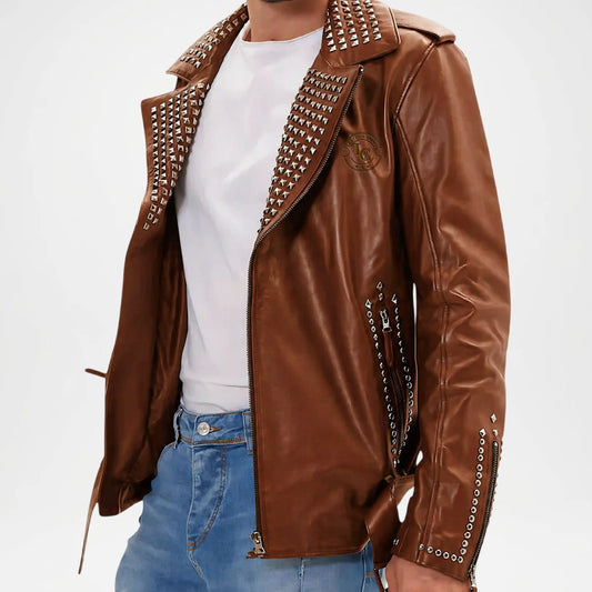 Brown leather jacket with studded details on a white background