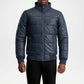 Man wearing a blue puffer jacket with a brand logo 