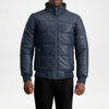 Man wearing a blue puffer jacket with a brand logo 