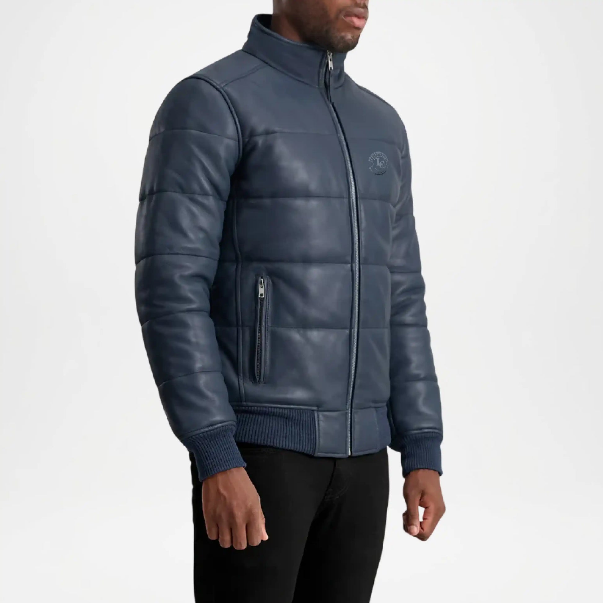 blue faux leather puffer jacket