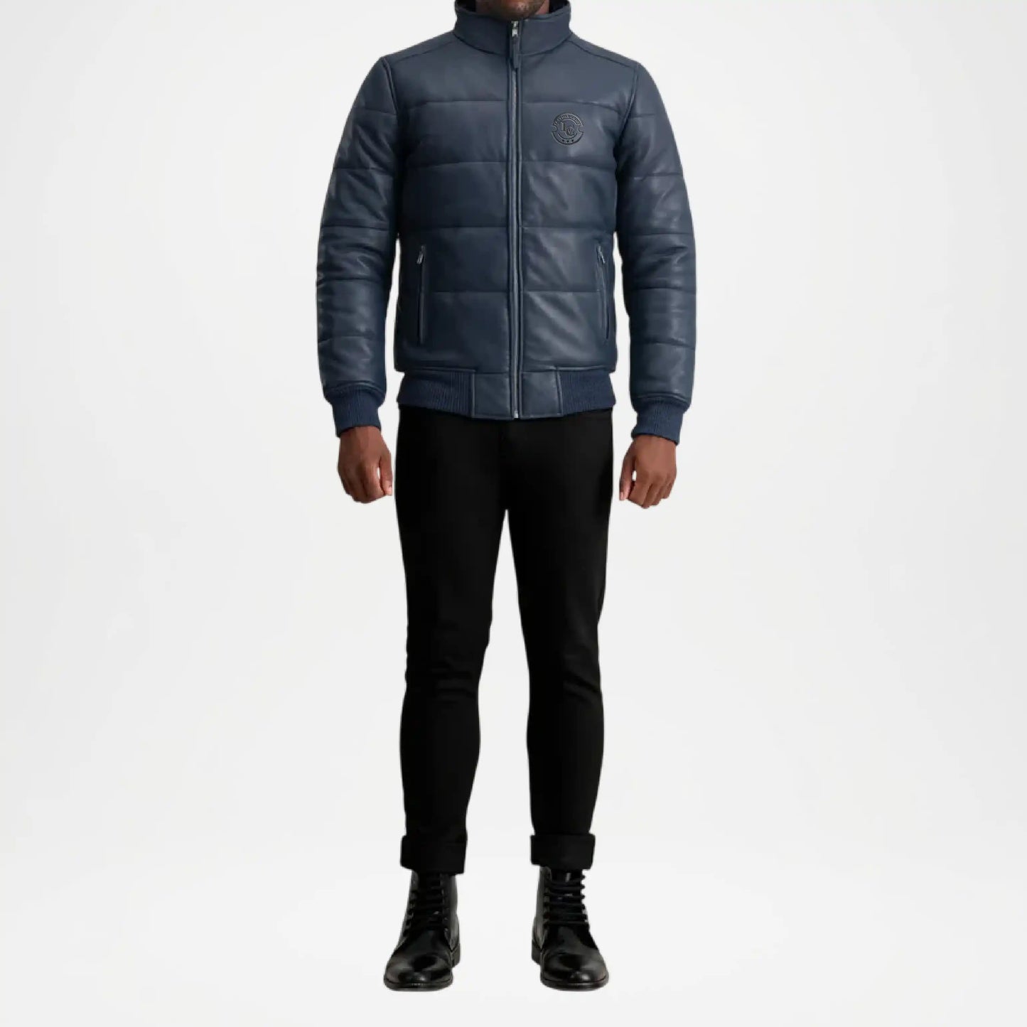 navy blue leather puffer jacket
