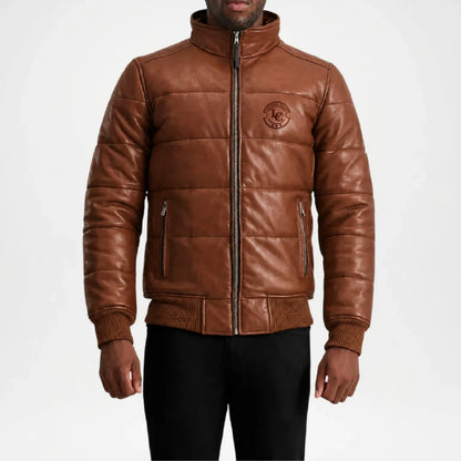 brown leather puffer jacket men