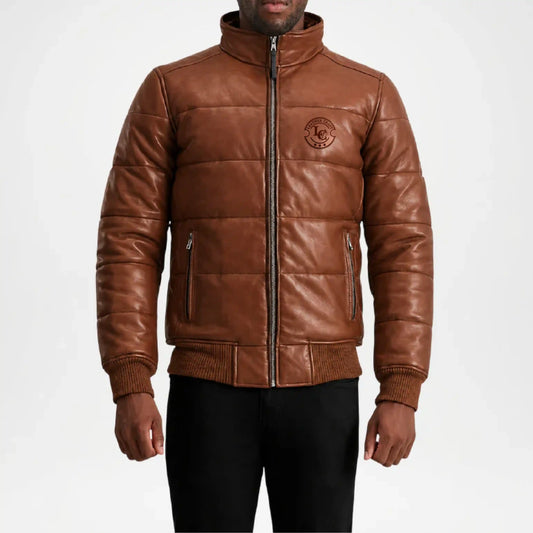 brown leather puffer jacket men