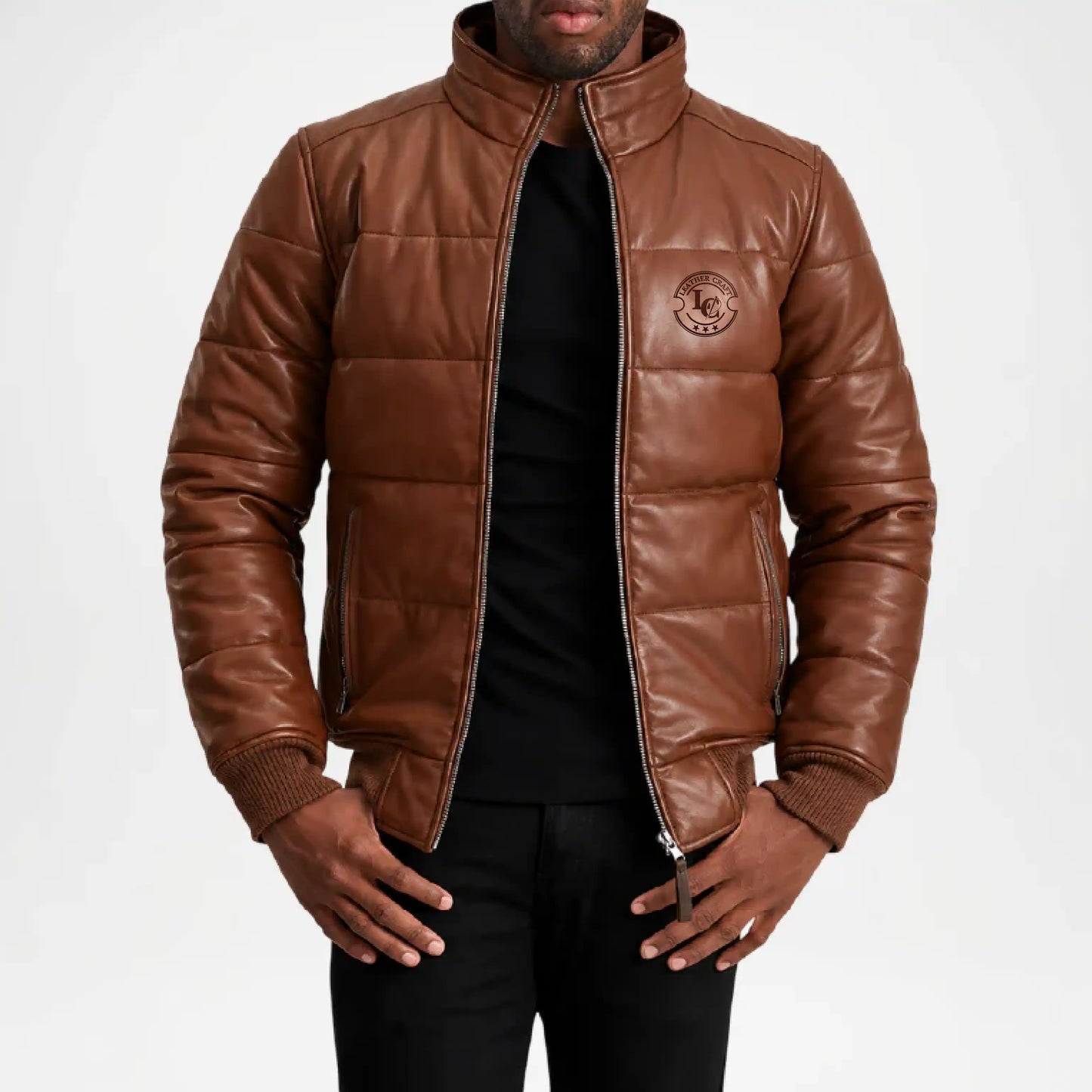 brown leather puffer jacket cropped