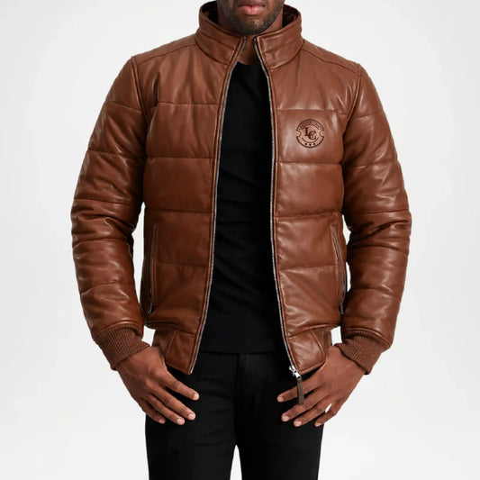 brown leather puffer jacket cropped