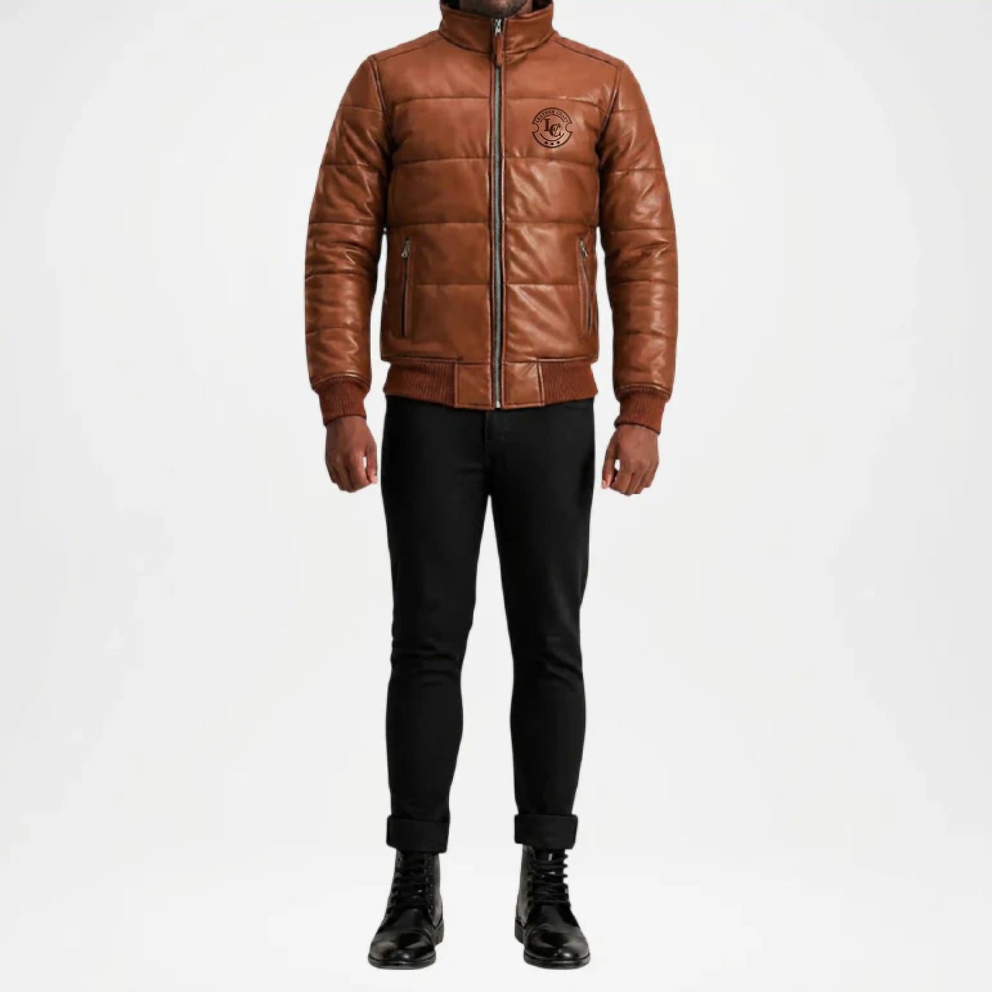brown leather puffer coat