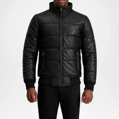 black leather puffer jacket men