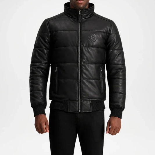 black leather puffer jacket men