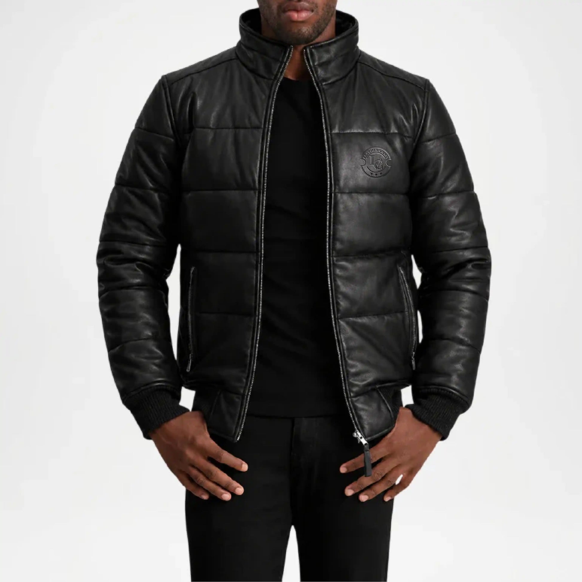 black leather puffer coat men