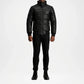 Person wearing a black leather jacket and pants on a white background