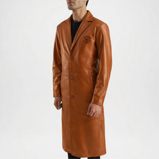 Men’s Brown Leather Trench Coat Classic Fit