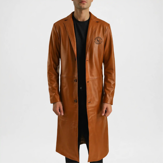 Men’s Brown Leather Trench Coat Classic Fit