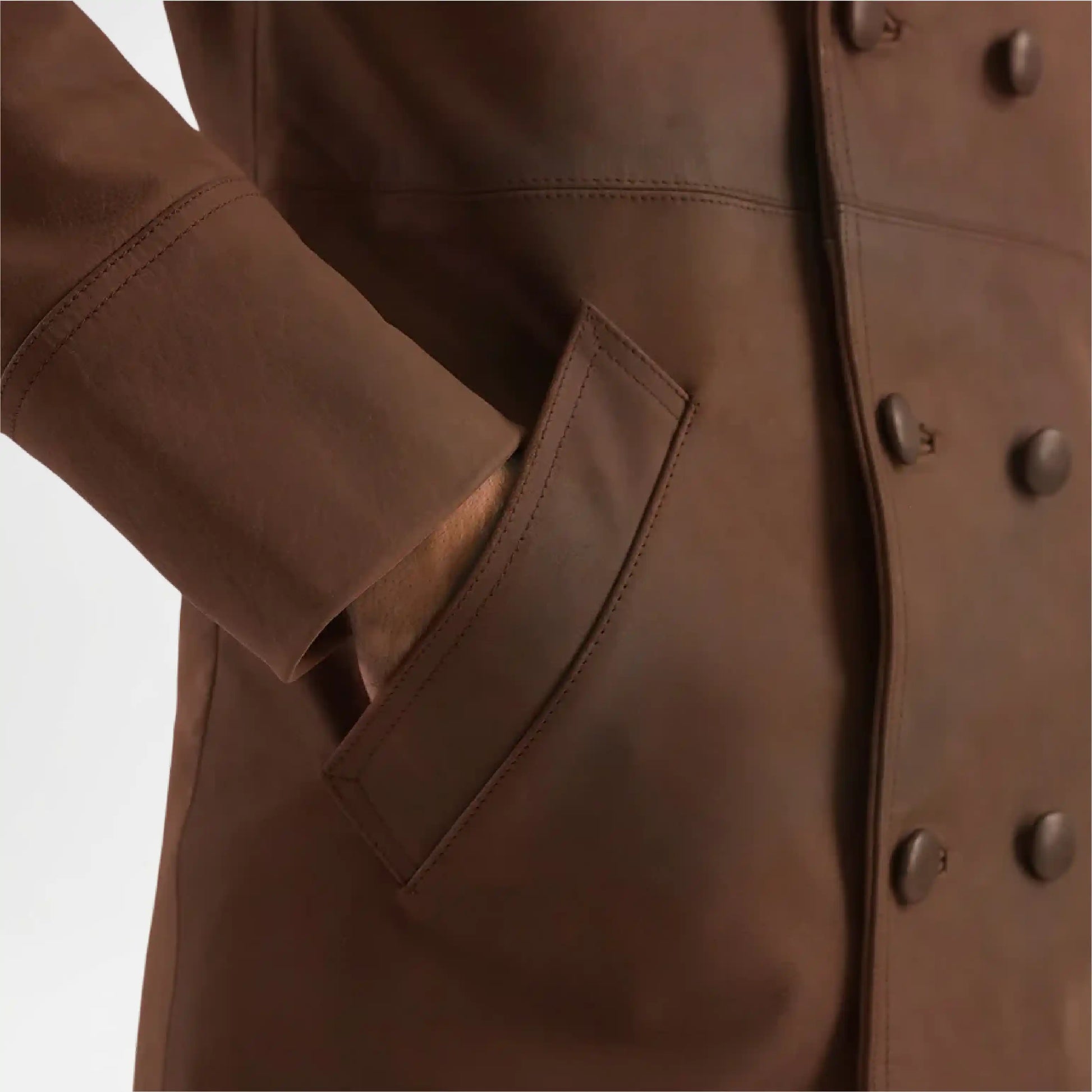 Close-up of a brown coat with buttons and a pocket 