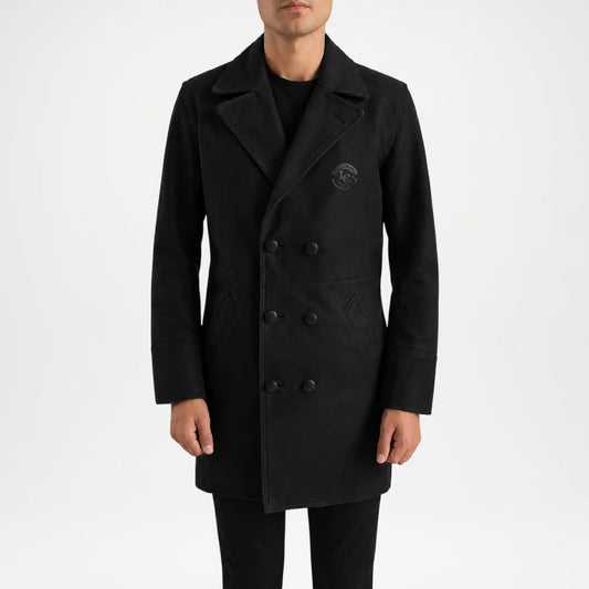 men's black long leather coat