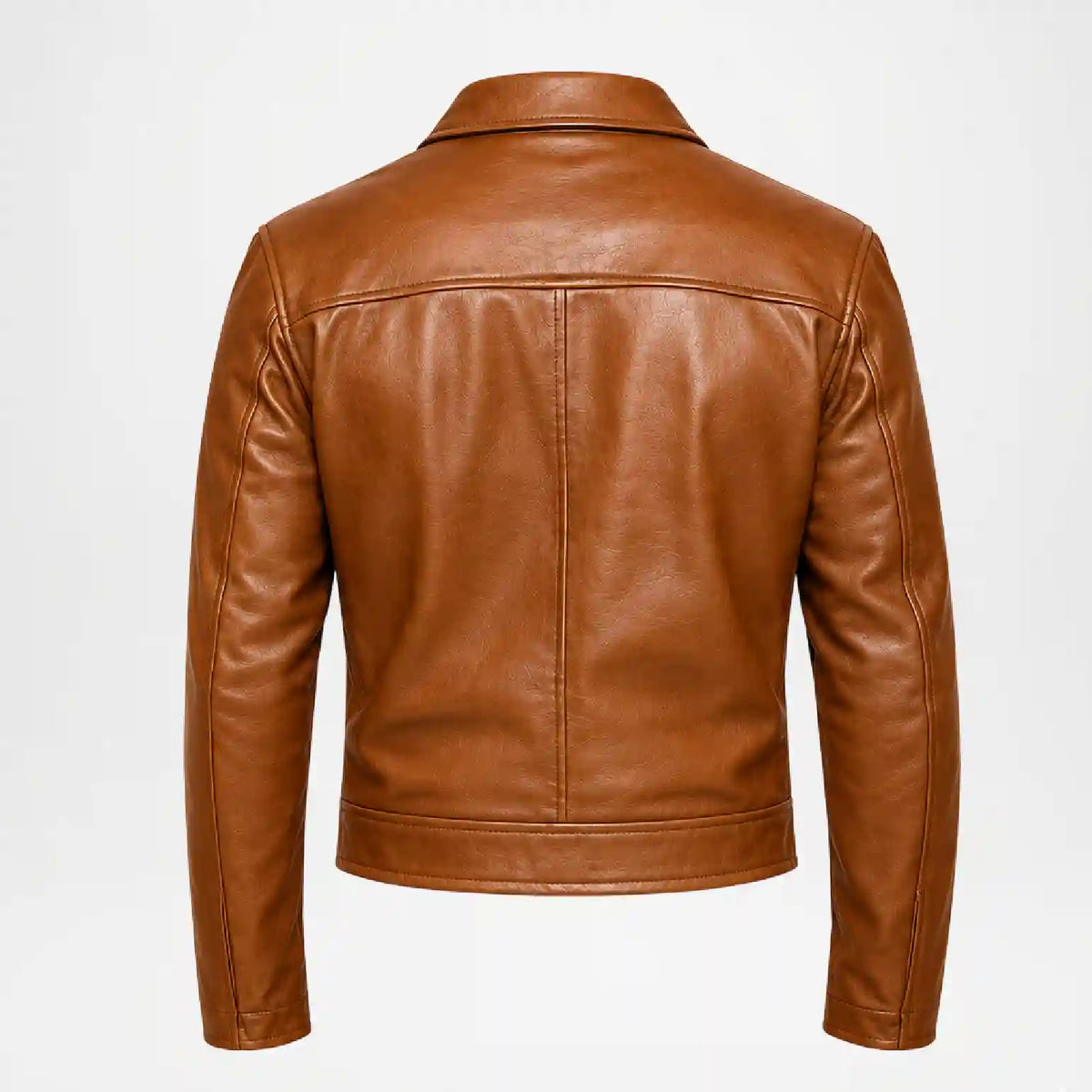 A brown leather jacket shown from the back, featuring a classic collar, long sleeves, and a central seam, displayed on a clean white background.