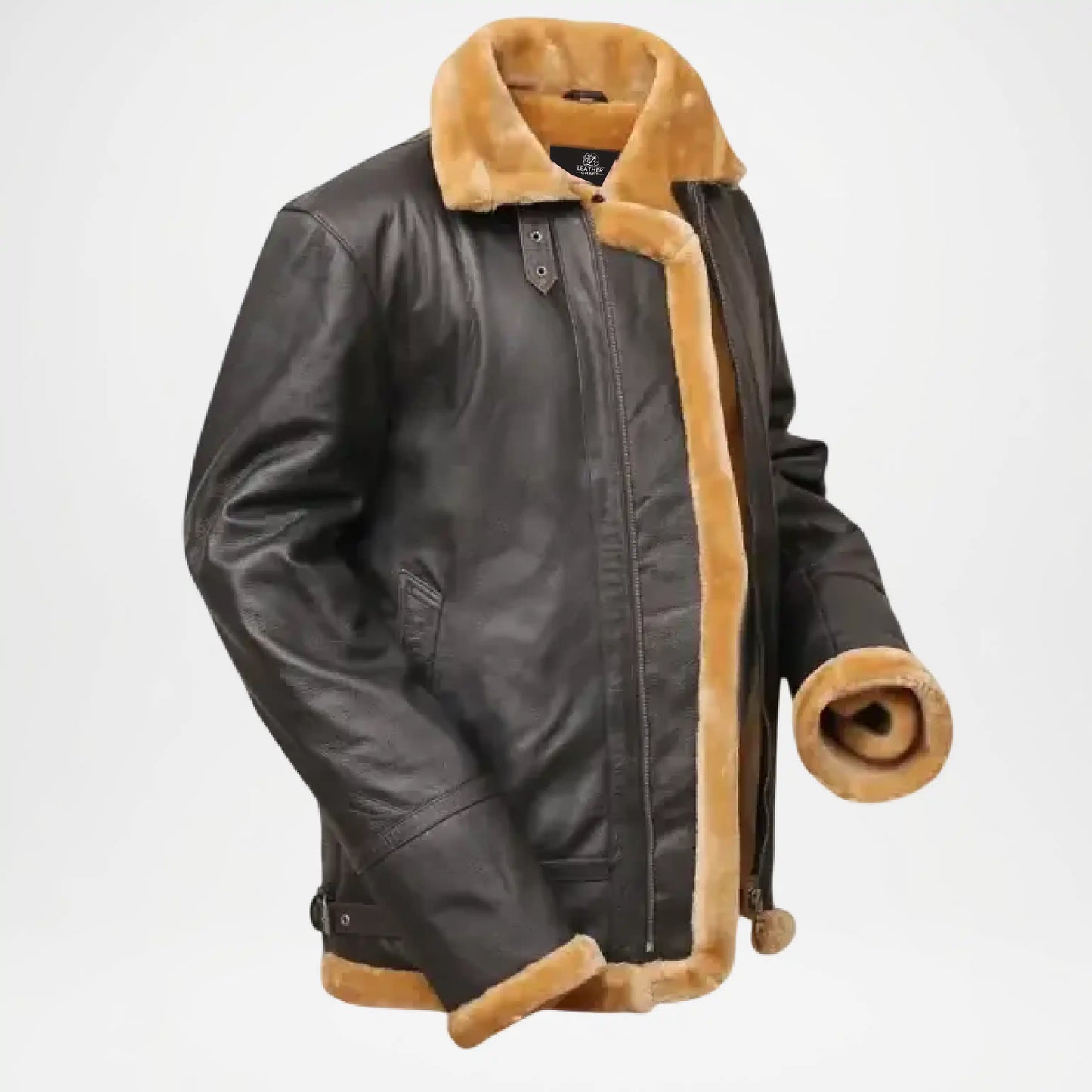 Black leather jacket with brown fur lining 