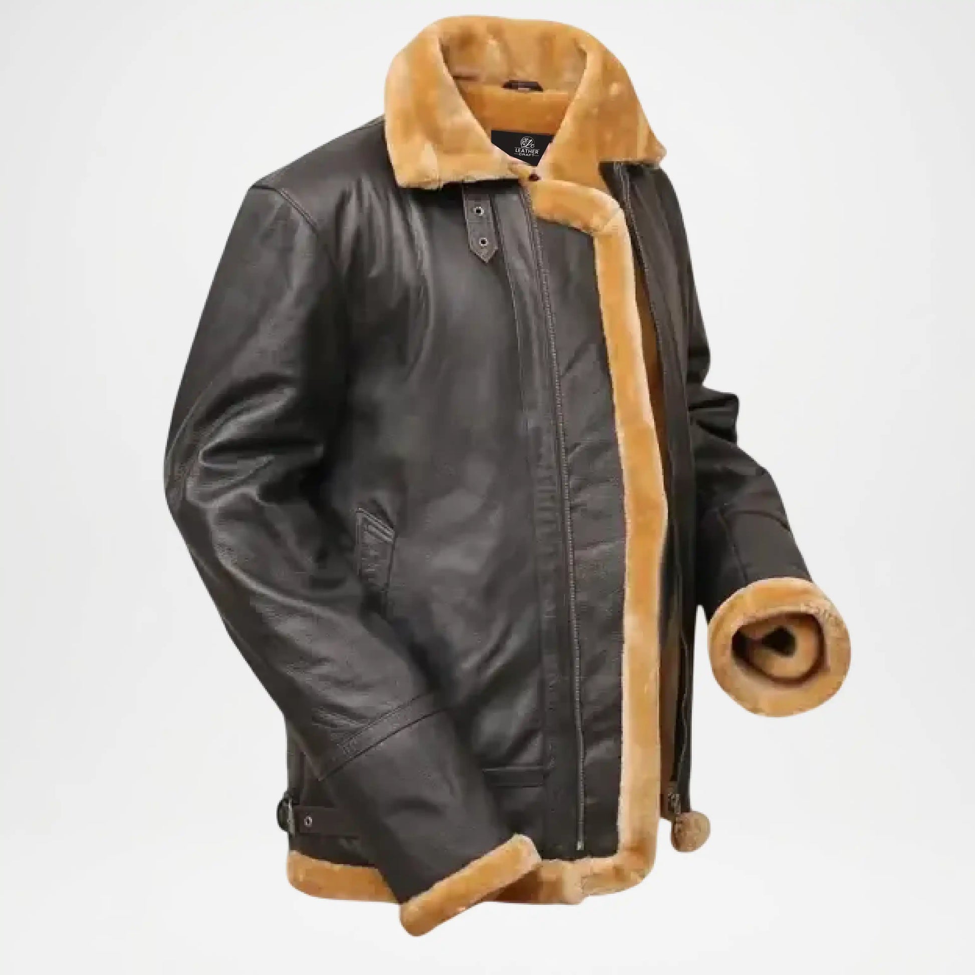 Black leather jacket with brown fur lining 