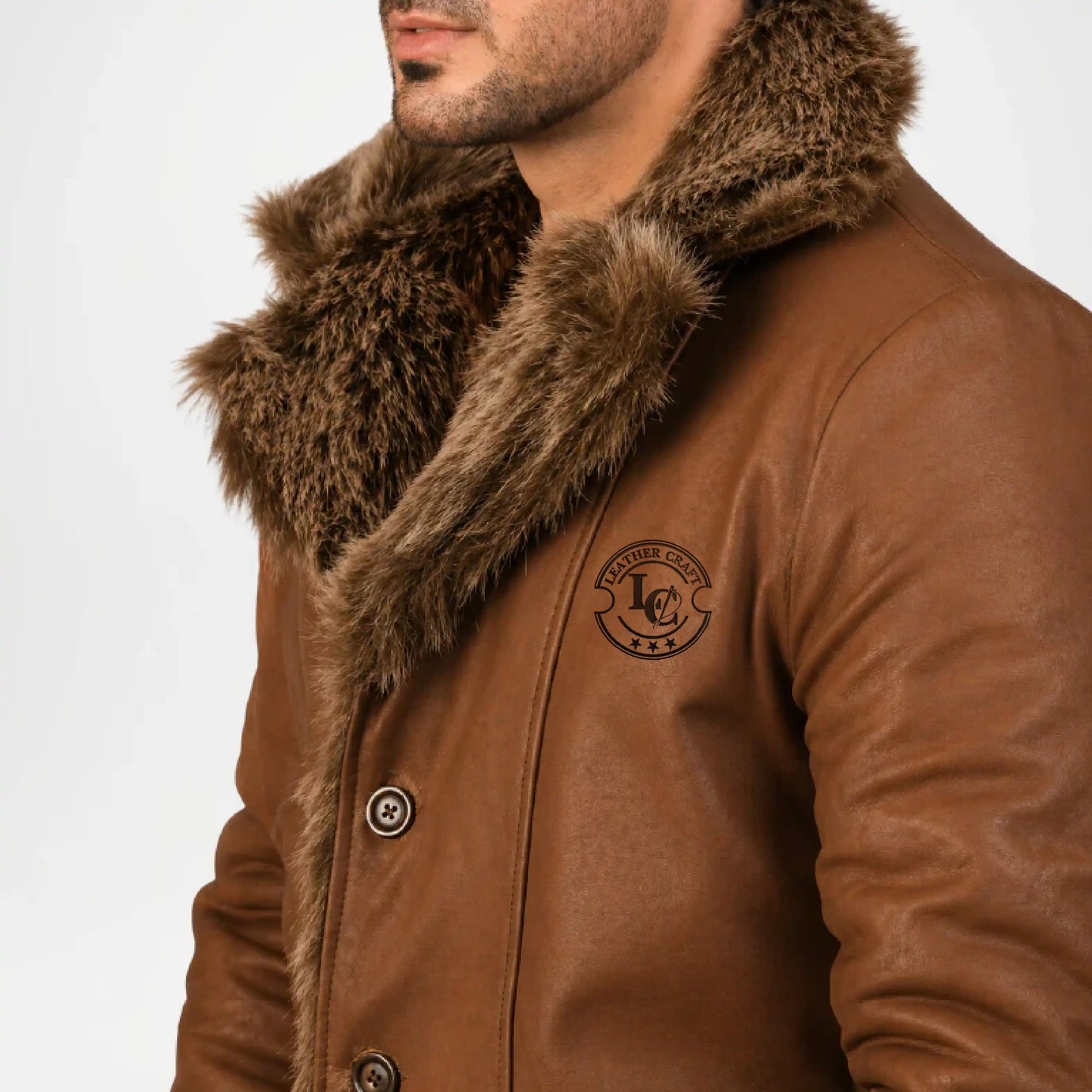 Brown leather jacket with fur collar on a white background