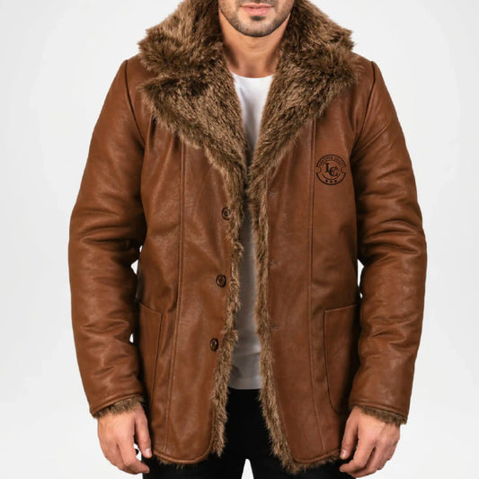 men's brown coat with fur collar