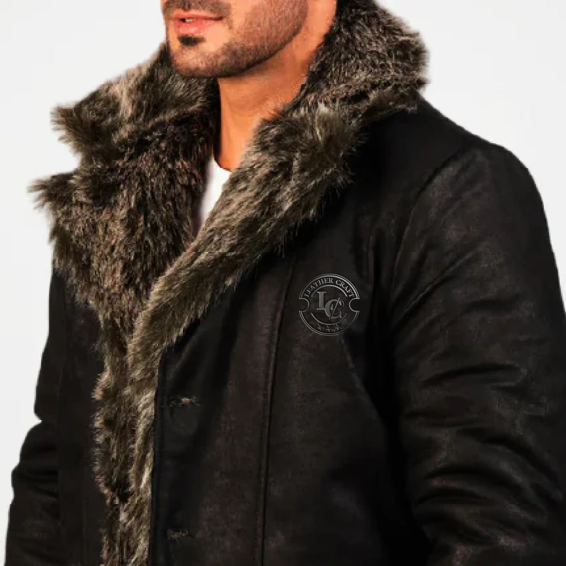 mens black leather coat with fur collar