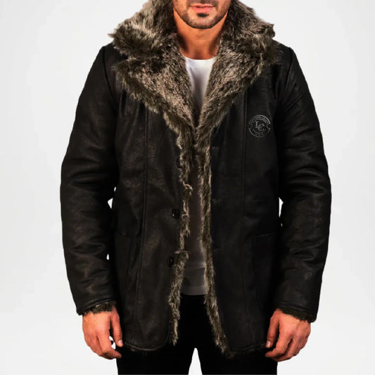men's black leather fur coat
