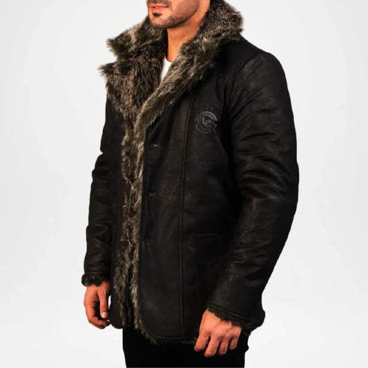 mens black leather coat with fu