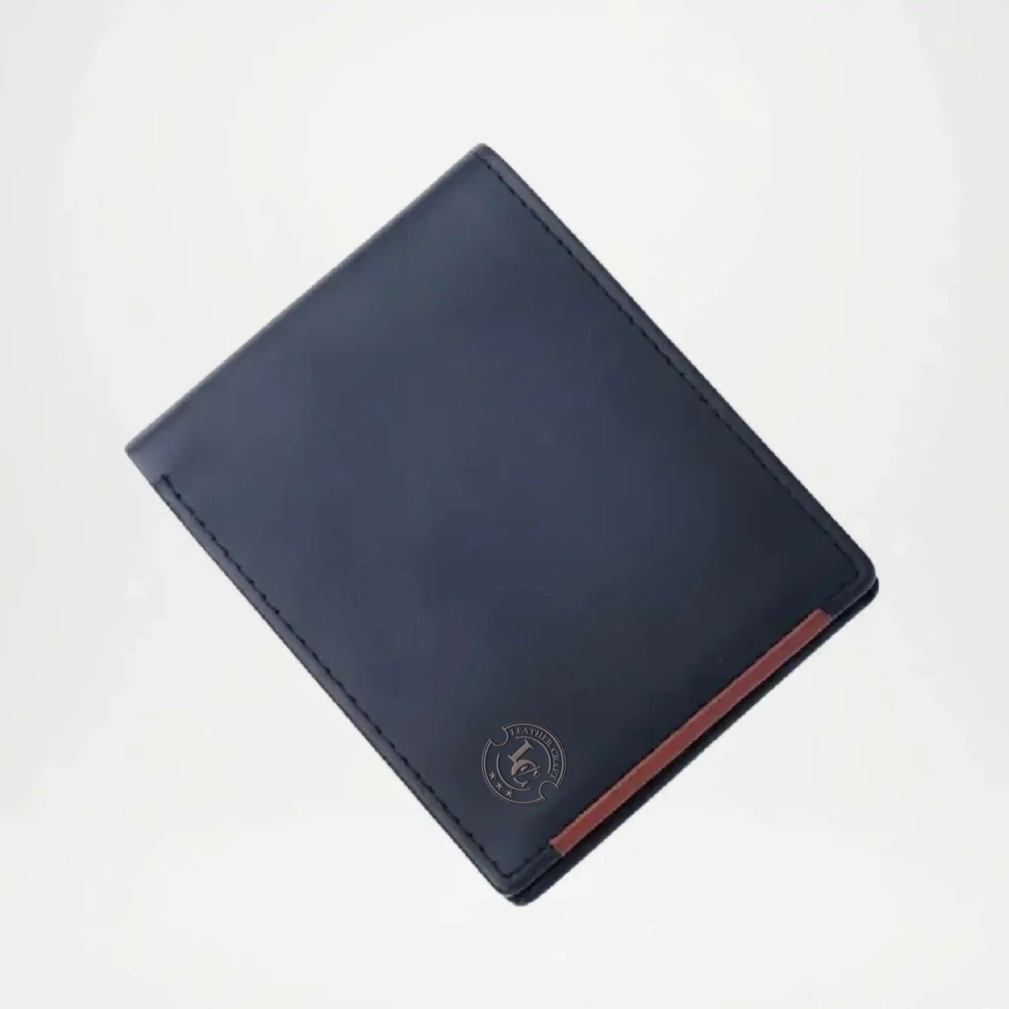 Blue leather wallet with a red accent 