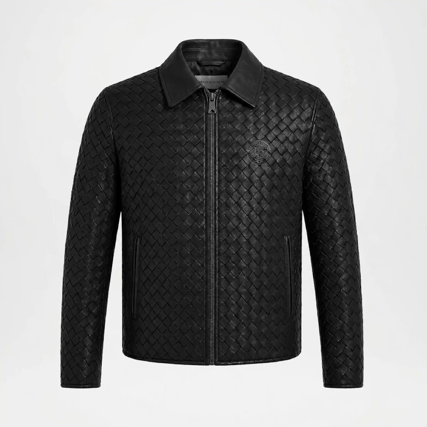 Men's Woven Leather Bomber Jacket | Black Genuine Leather