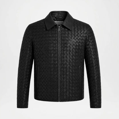 Men's Woven Leather Bomber Jacket | Black Genuine Leather