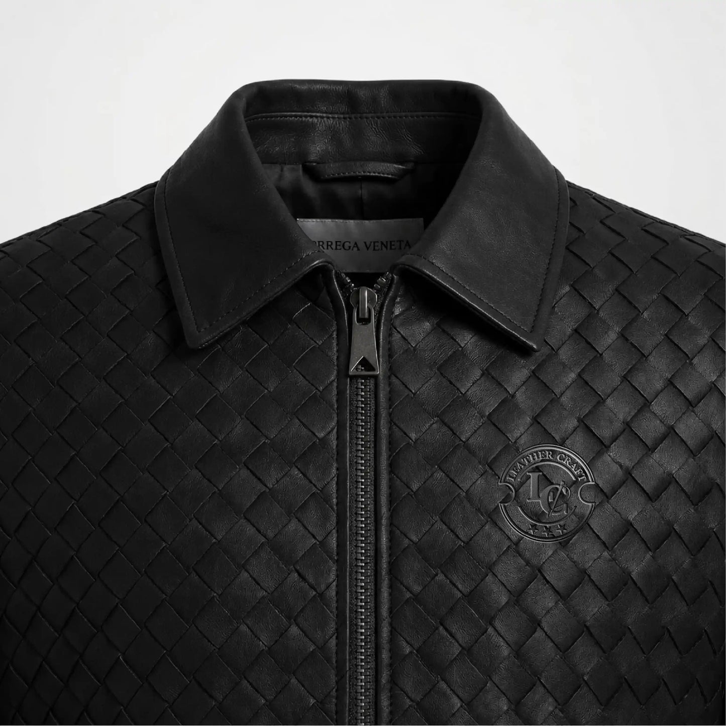 Men's Woven Leather Bomber Jacket | Black Genuine Leather