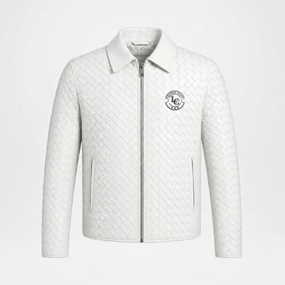 Men's Woven Leather Bomber Jacket | White Genuine Leather