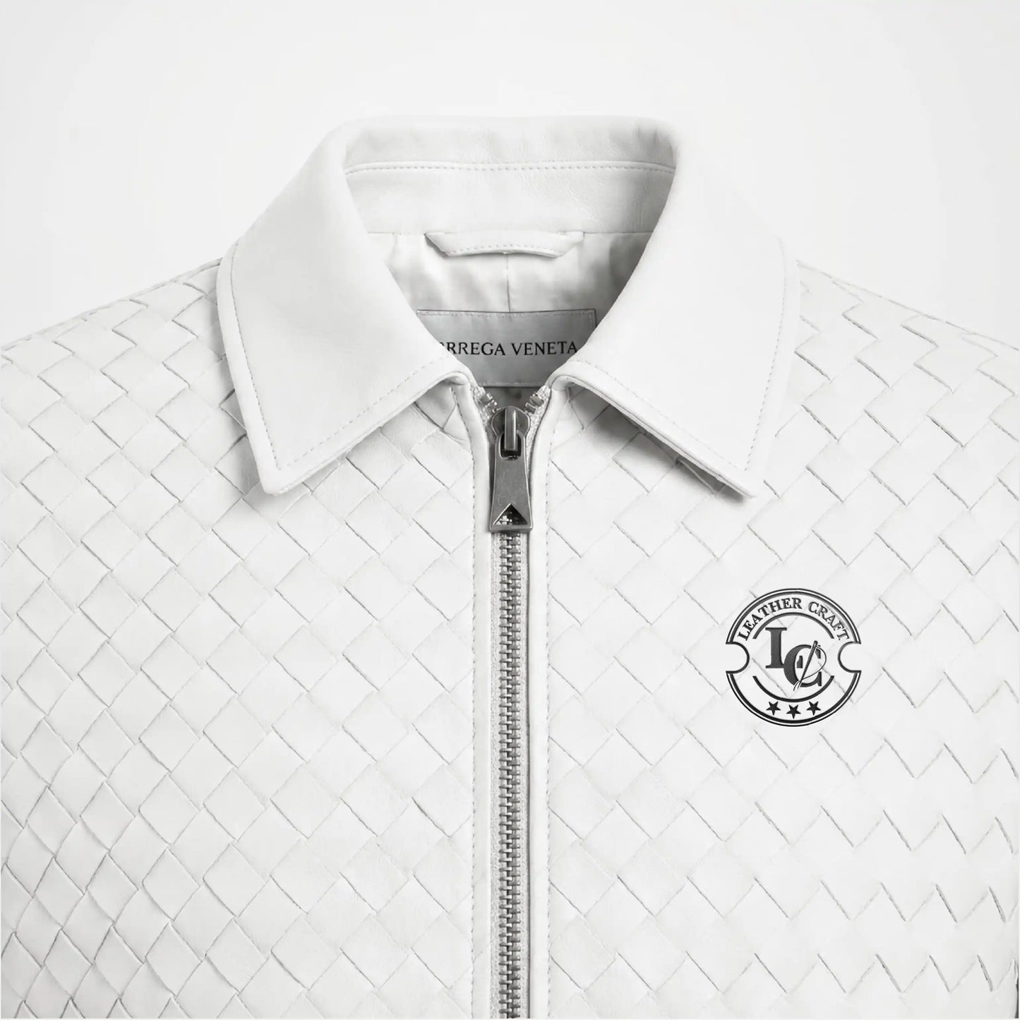 Men's Woven Leather Bomber Jacket | White Genuine Leather