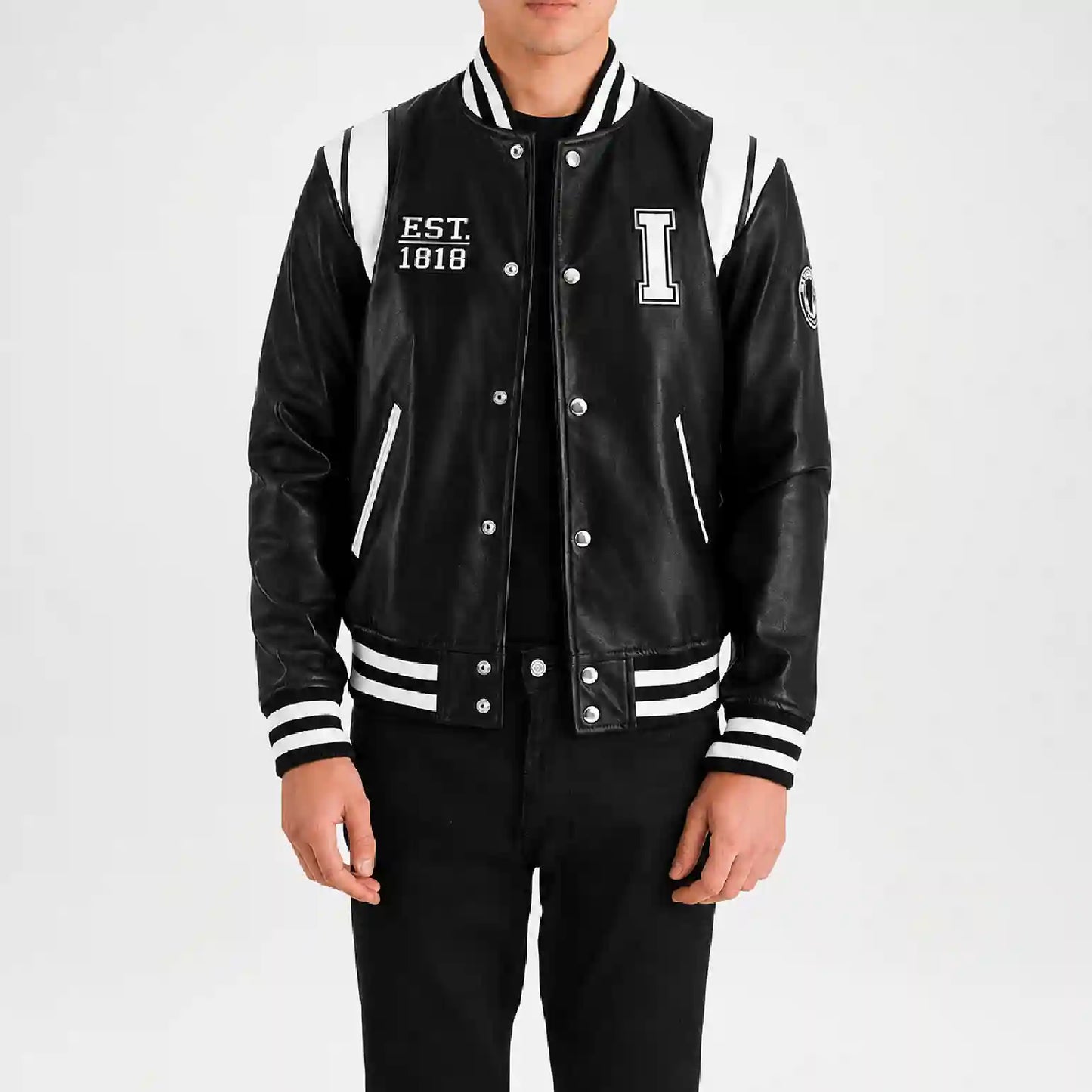 Men’s Black and White Leather Varsity Jacket