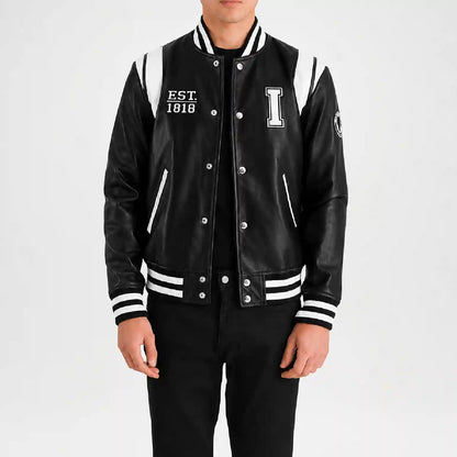 Men’s Black and White Leather Varsity Jacket