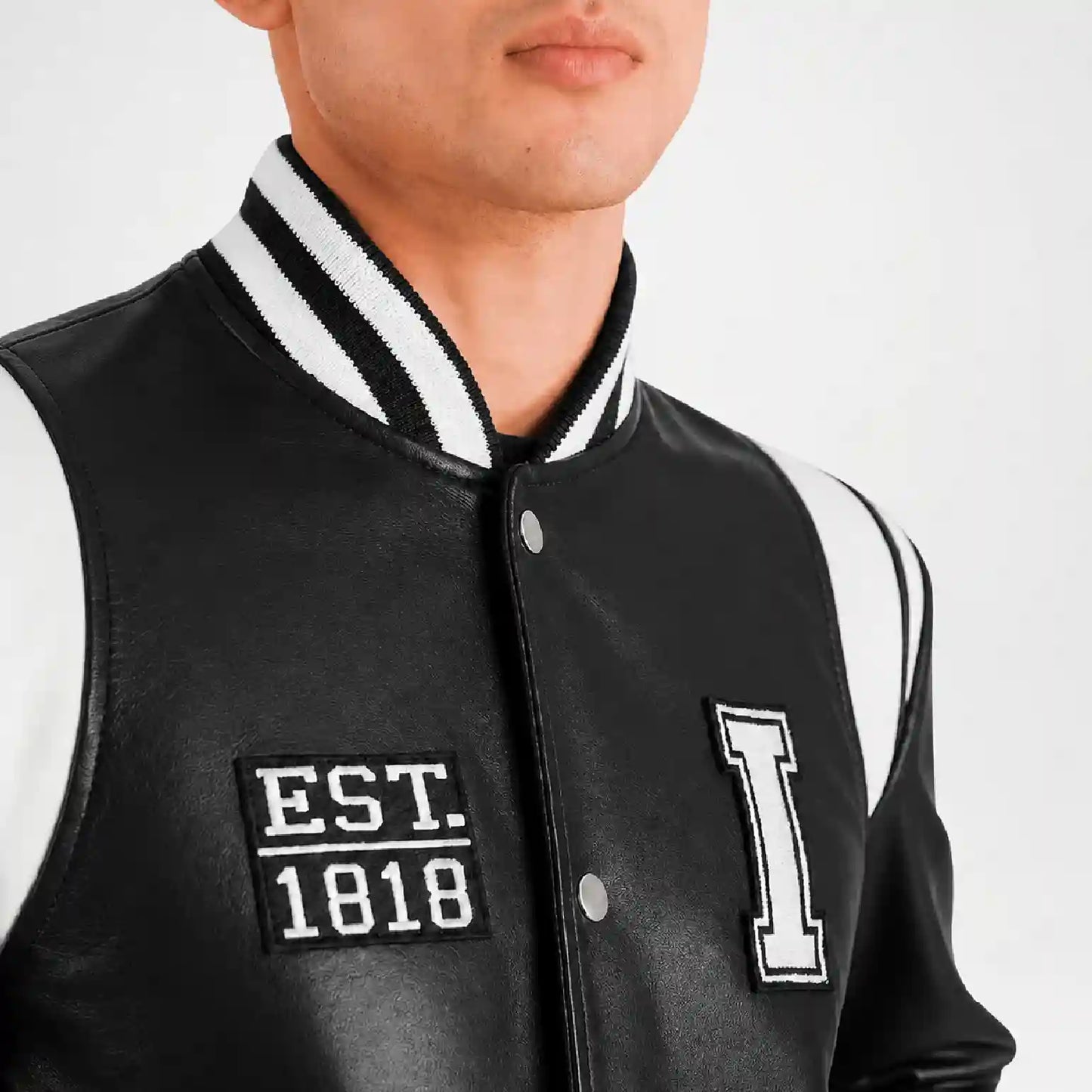 Men’s Black and White Leather Varsity Jacket