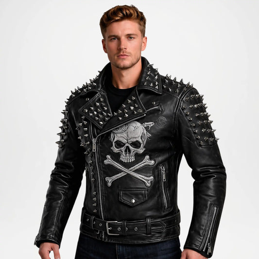 mens black distressed studded biker jacket