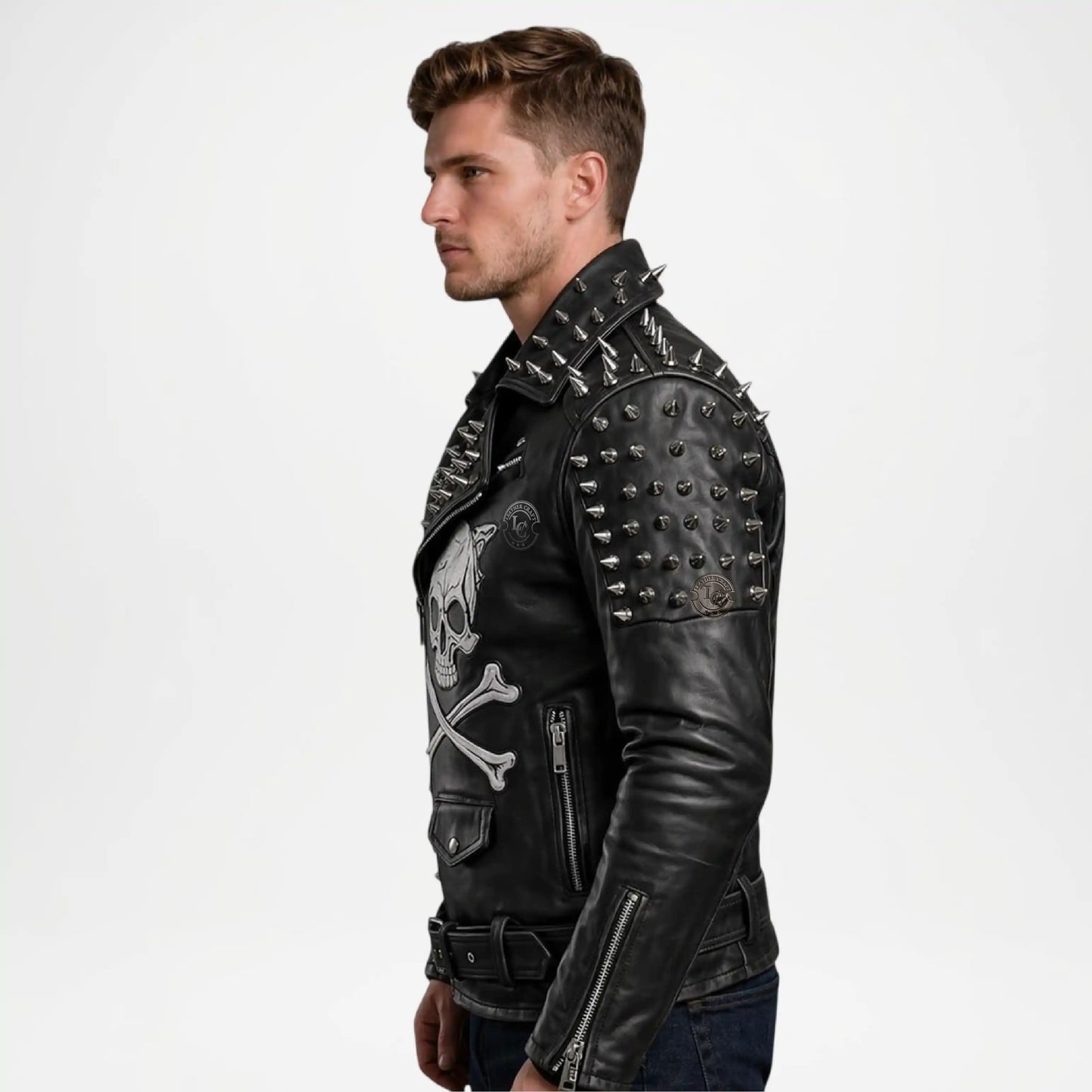 black leather biker jacket men studs