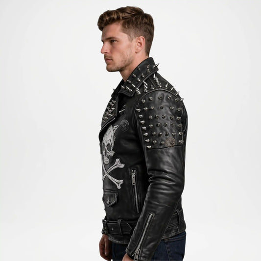 black leather biker jacket men studs
