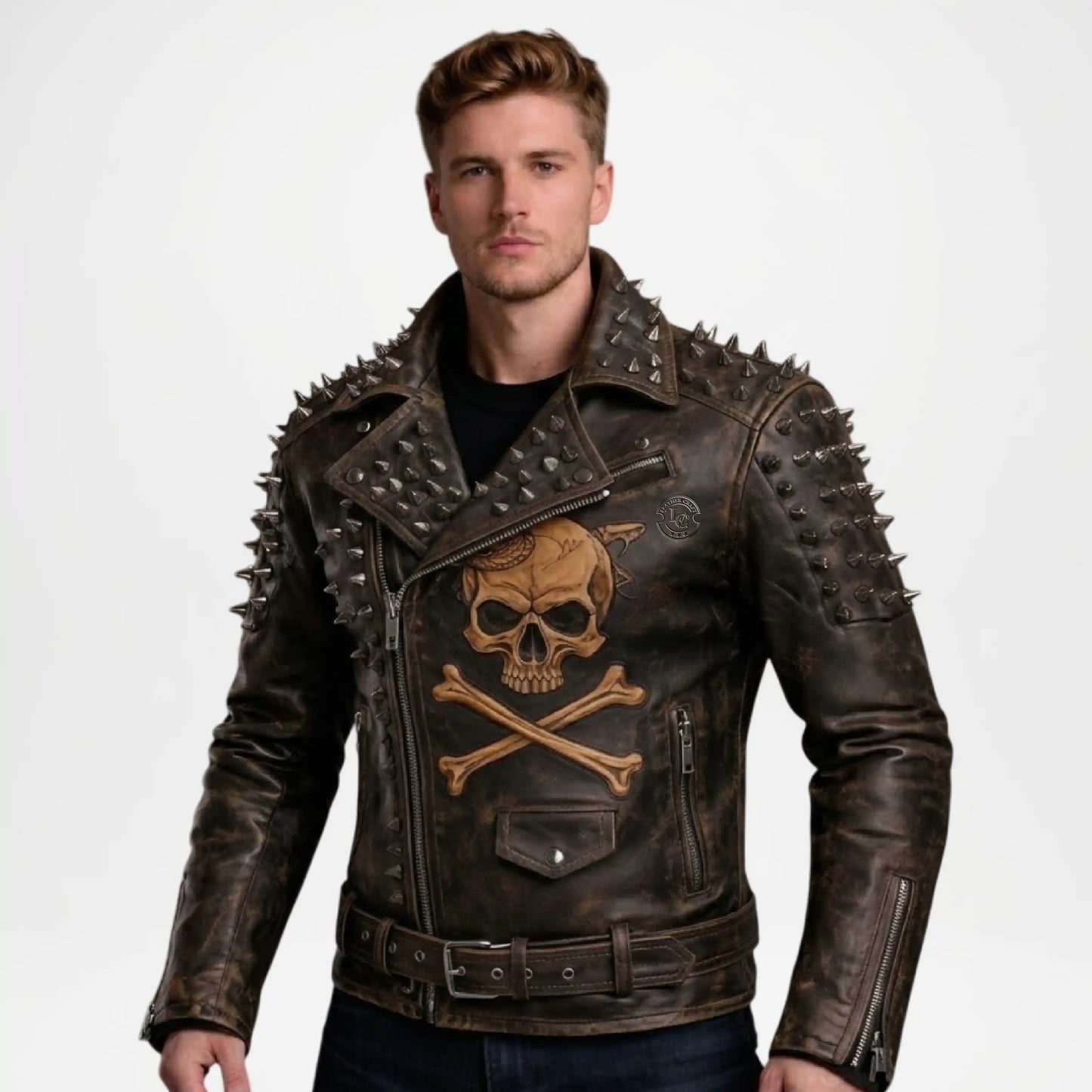 mens brown distressed studded leather jacket