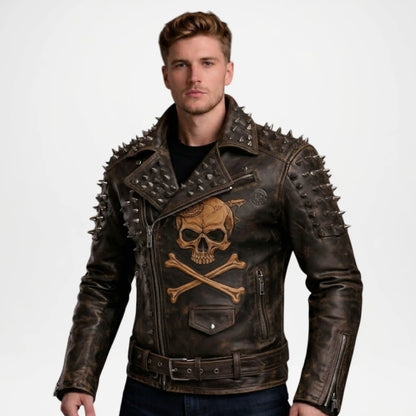 mens brown distressed studded leather jacket