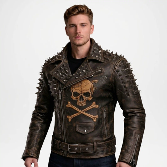 Brown Studded Leather Jacket Men Distressed Biker Style