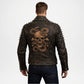 Man wearing a leather jacket with skull and dragon design on the back