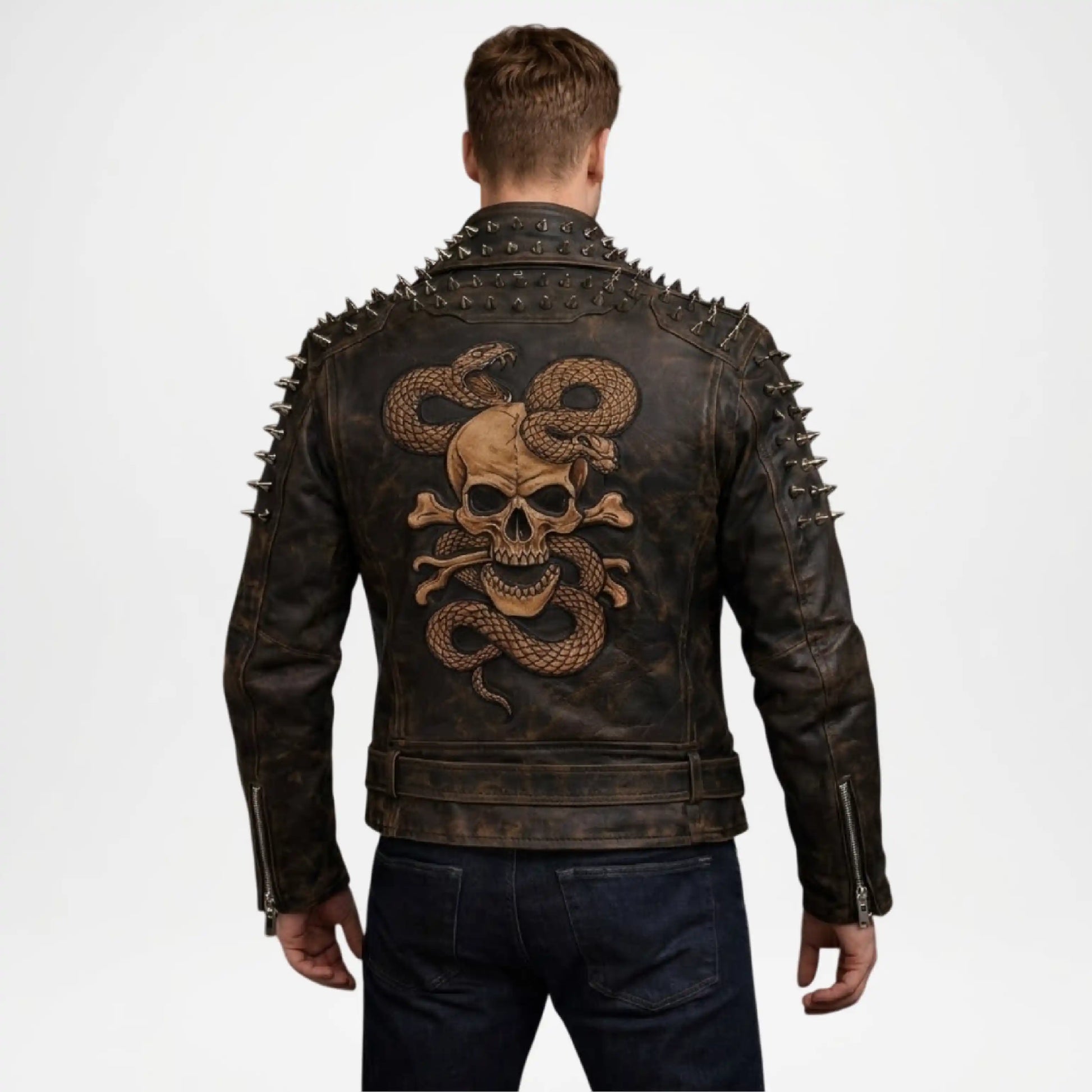 Man wearing a leather jacket with skull and dragon design on the back
