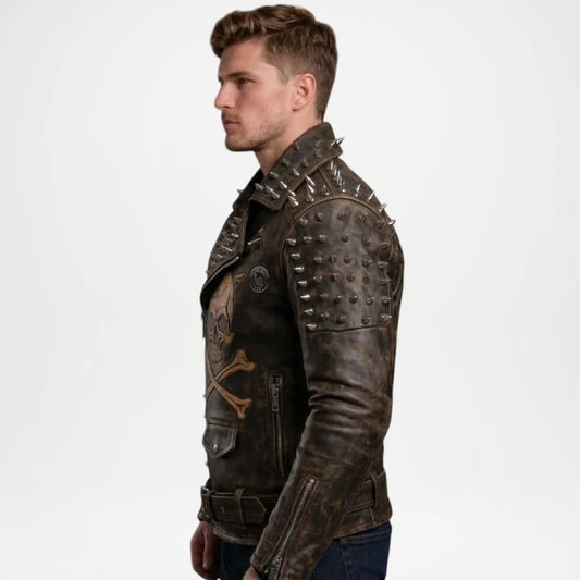Brown Studded Leather Jacket Men Distressed Biker Style
