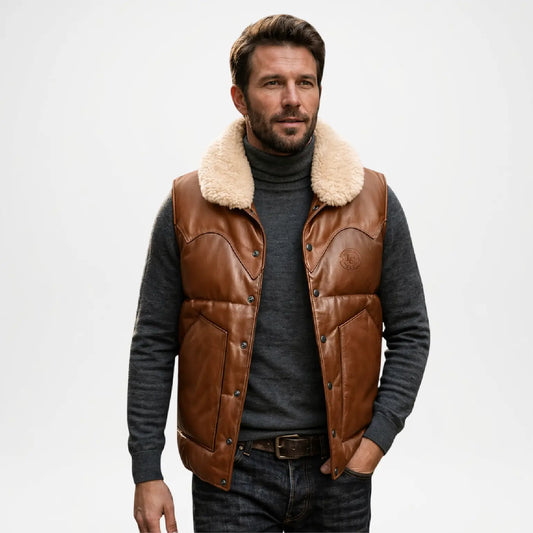 mens brown leather vest fur collar